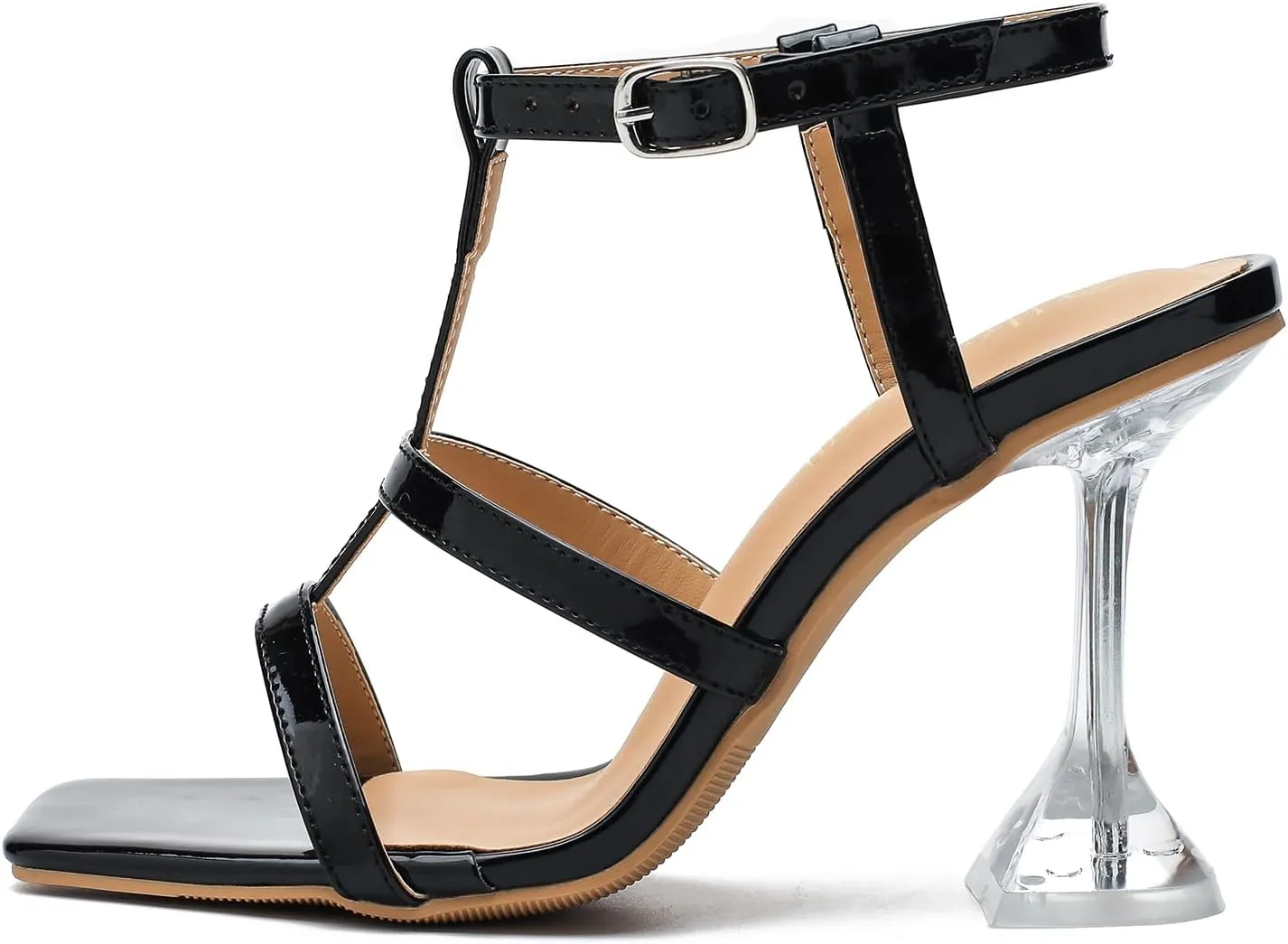 Women's Clear High Heeled Sandals Sexy Kitten Heels Square Toe Ankle Strap Wedding Dress Party Shoes