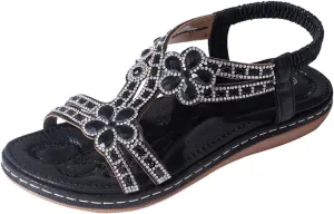 Women's Comfortable Vacation Sandals Casual Summer Comfortable Walking Shoes Rhinestone Decorative Sandals