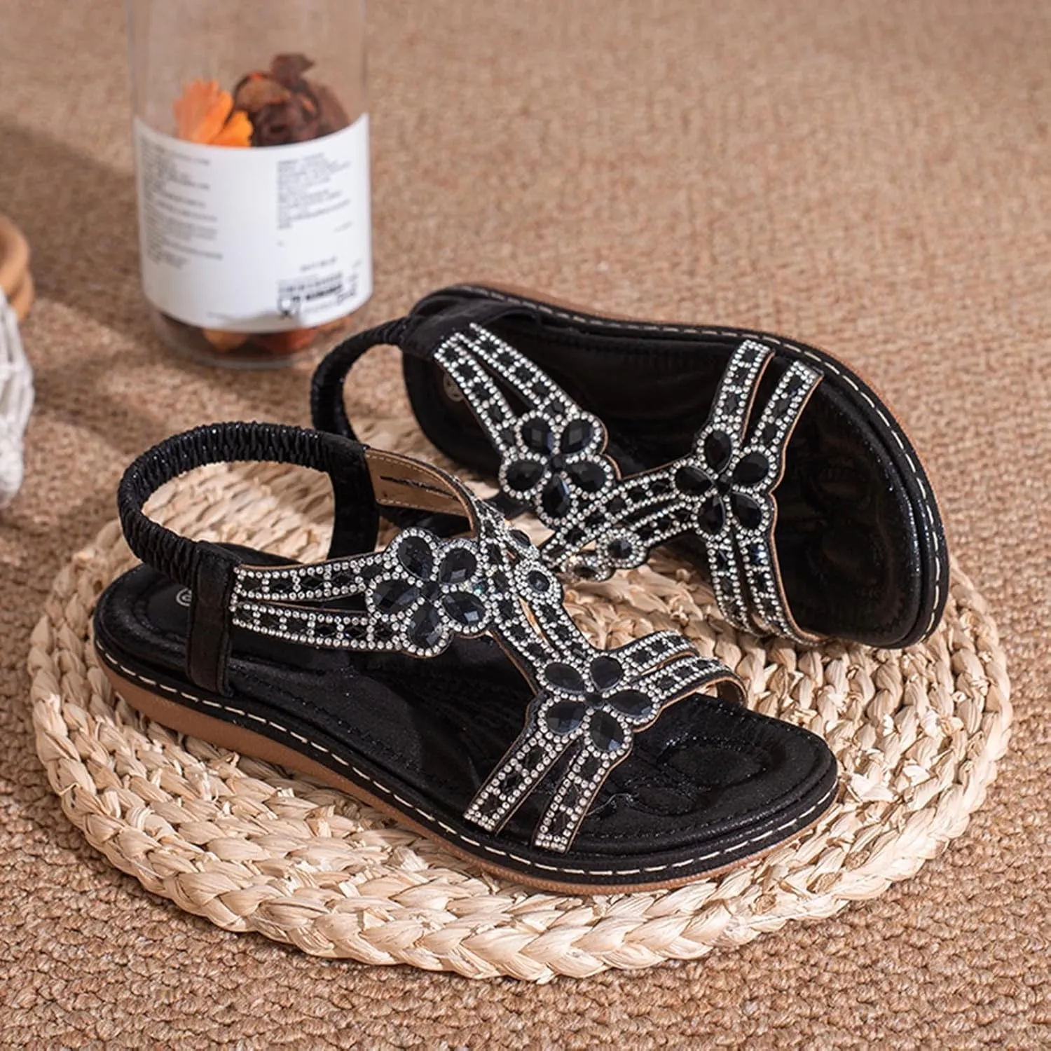 Women's Comfortable Vacation Sandals Casual Summer Comfortable Walking Shoes Rhinestone Decorative Sandals