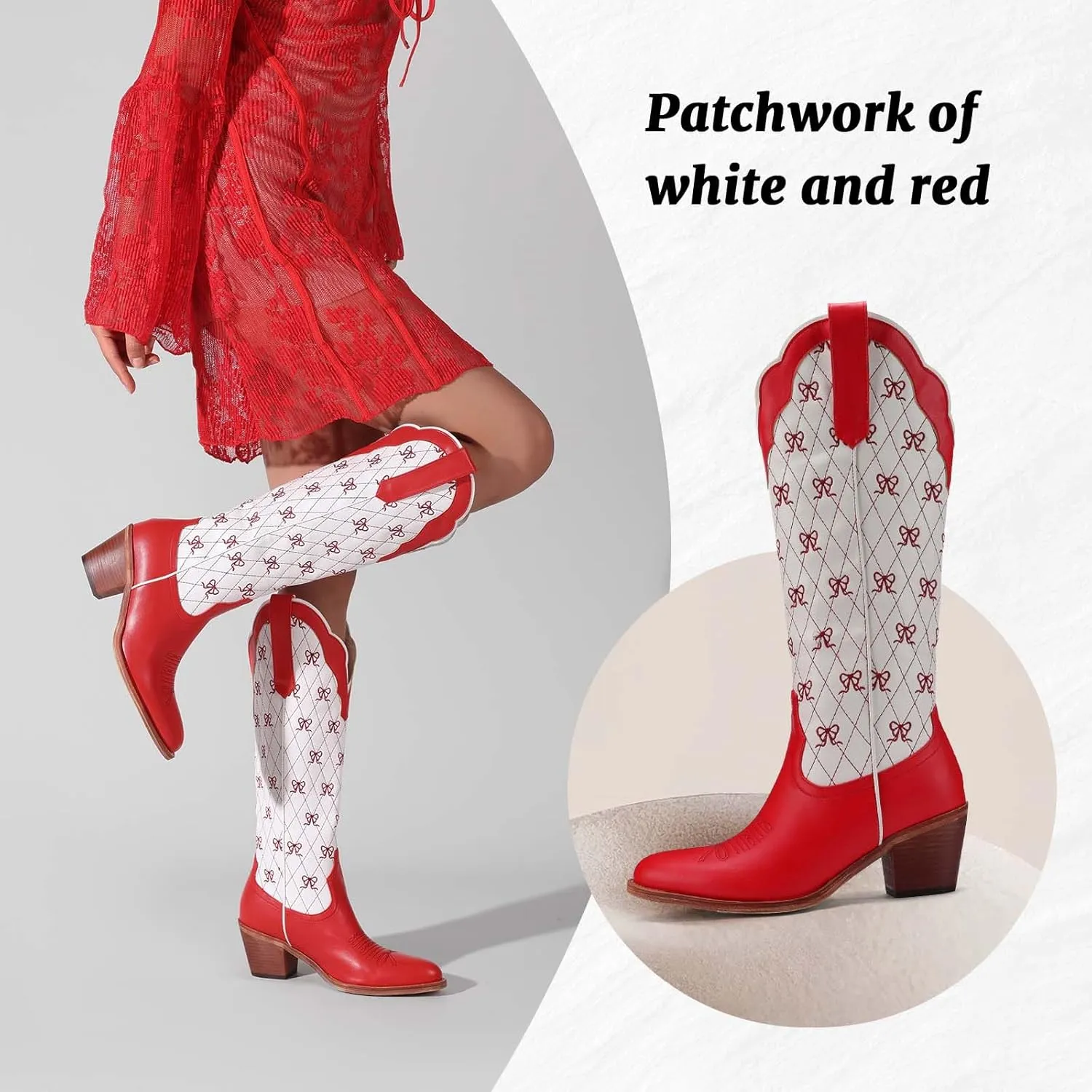 Women's Cute Cowboy Boots With Bow Embroidery Casual Knee High Cowgirl Boots For Women Chunky Heel Pointed Toe Western Style Boot With Color-Block Design For Prom Dressy Party