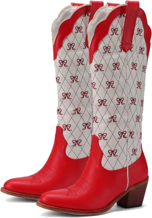 Women's Cute Cowboy Boots With Bow Embroidery Casual Knee High Cowgirl Boots For Women Chunky Heel Pointed Toe Western Style Boot With Color-Block Design For Prom Dressy Party