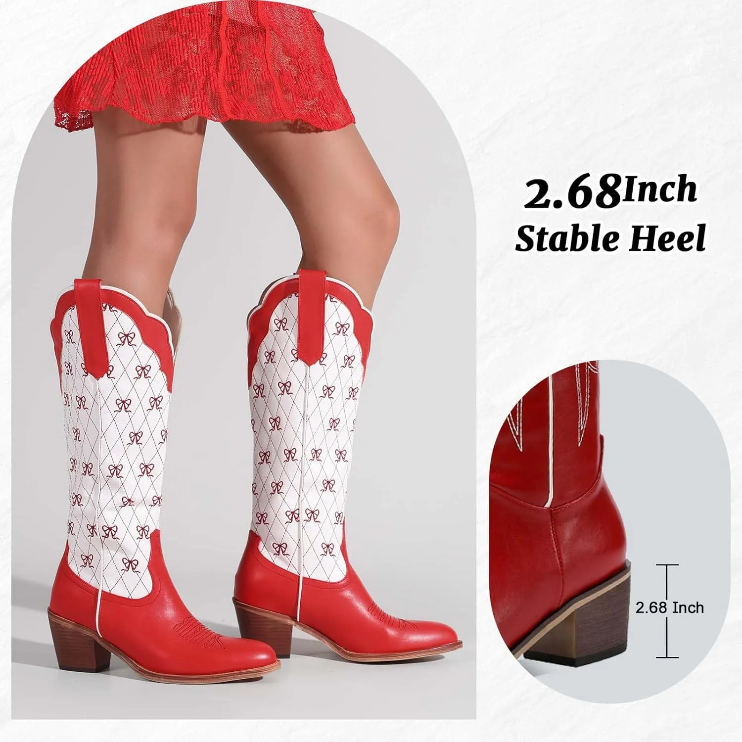 Women's Cute Cowboy Boots With Bow Embroidery Casual Knee High Cowgirl Boots For Women Chunky Heel Pointed Toe Western Style Boot With Color-Block Design For Prom Dressy Party