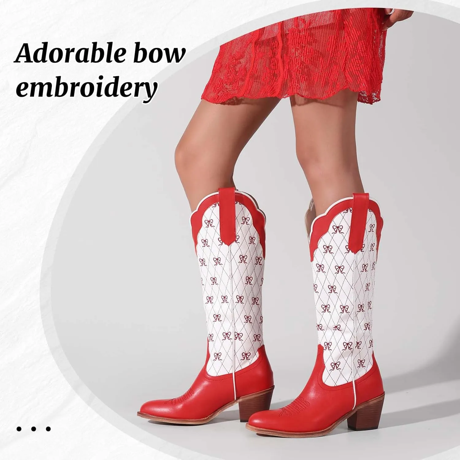Women's Cute Cowboy Boots With Bow Embroidery Casual Knee High Cowgirl Boots For Women Chunky Heel Pointed Toe Western Style Boot With Color-Block Design For Prom Dressy Party