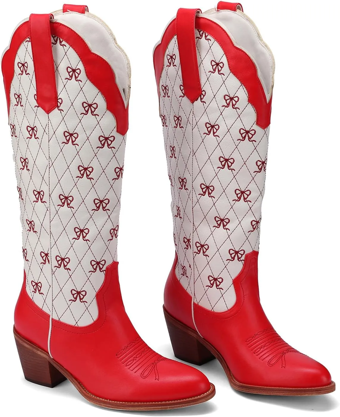 Women's Cute Cowboy Boots With Bow Embroidery Casual Knee High Cowgirl Boots For Women Chunky Heel Pointed Toe Western Style Boot With Color-Block Design For Prom Dressy Party