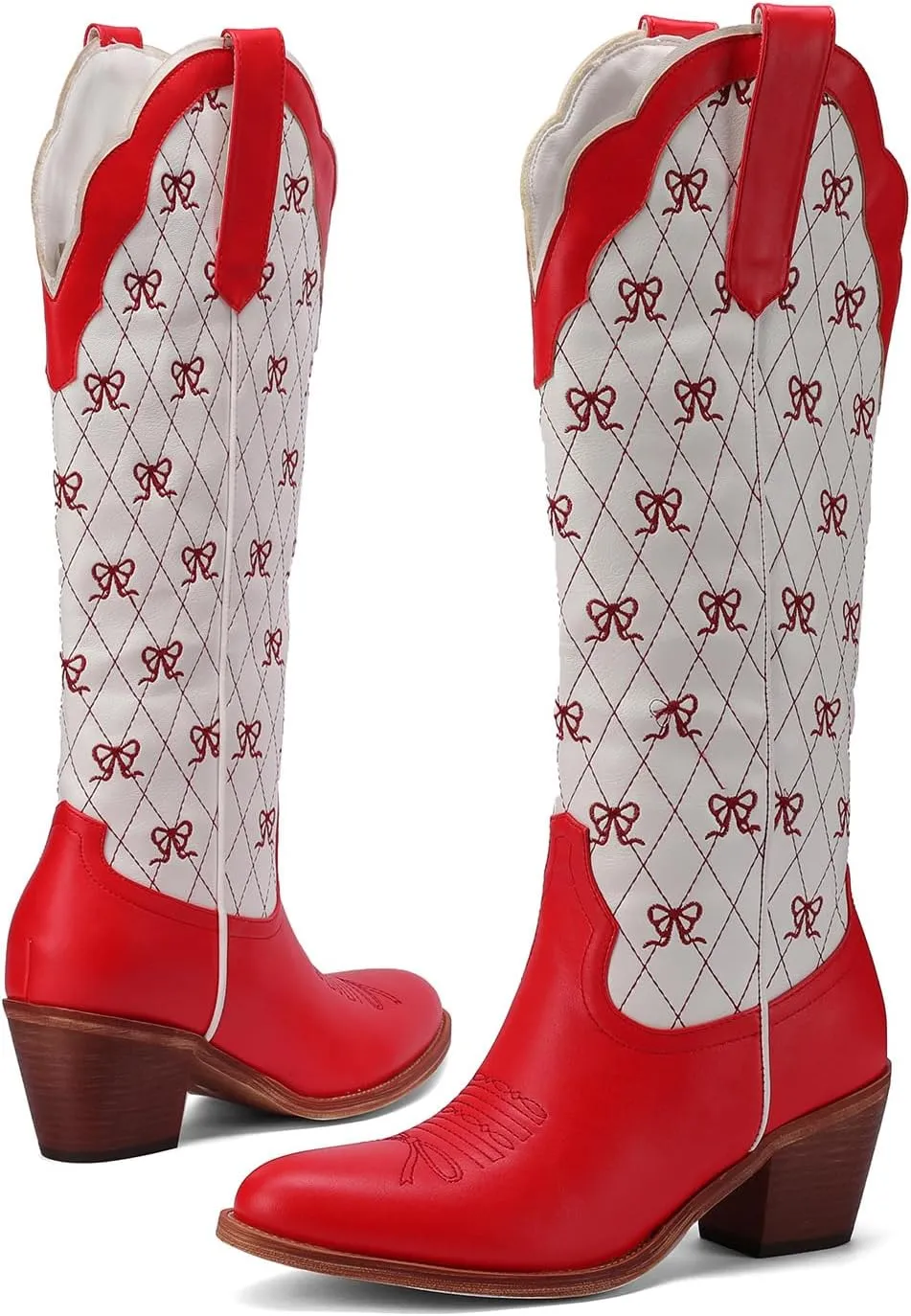 Women's Cute Cowboy Boots With Bow Embroidery Casual Knee High Cowgirl Boots For Women Chunky Heel Pointed Toe Western Style Boot With Color-Block Design For Prom Dressy Party
