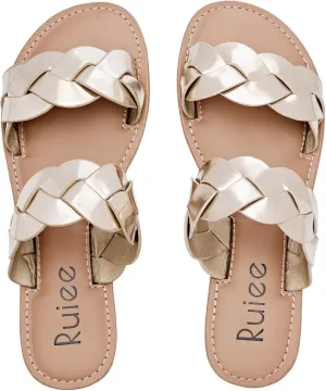 Women's Flat Slides Sandals, Summer Slippers Comfortable Braided Strap Round Open Toe Casual Beach Shoes for Women.