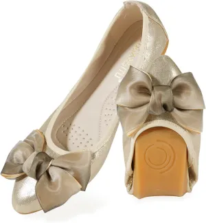 Women's Flats, Foldable Ballet Flats for Women, Fashion Bow Tie Pionted Toe Comfort Lightweight Slip-On Dress Shoes