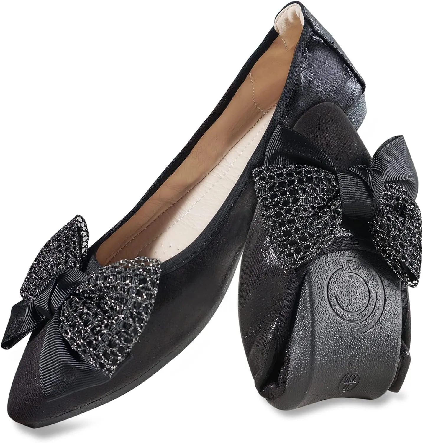 Women's Flats, Foldable Ballet Flats for Women, Fashion Bow Tie Pionted Toe Comfort Lightweight Slip-On Dress Shoes