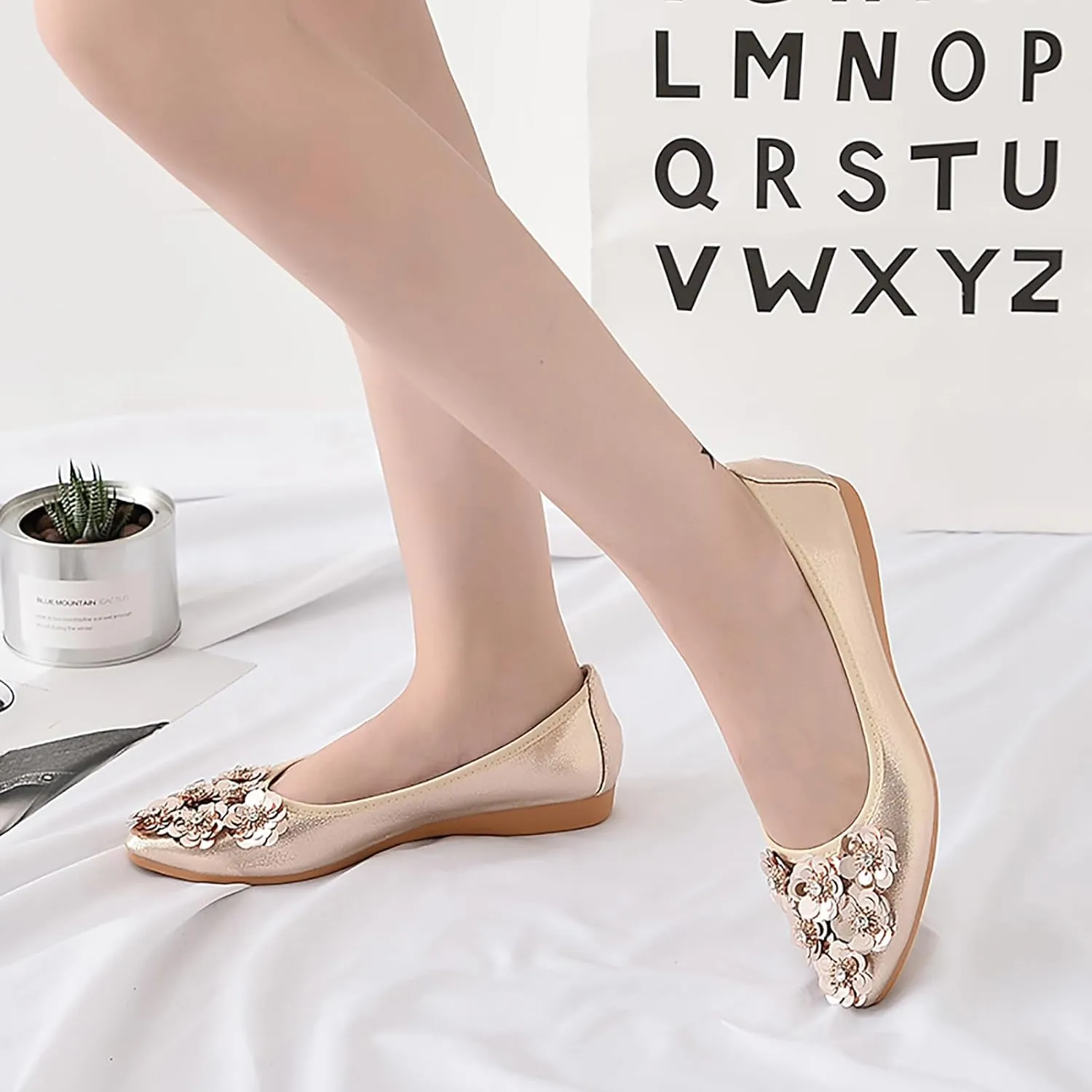 Women's Flats, Foldable Ballet Flats for Women, Flower Pionted Toe Comfort Light Weight Slip-On Dress Shoes