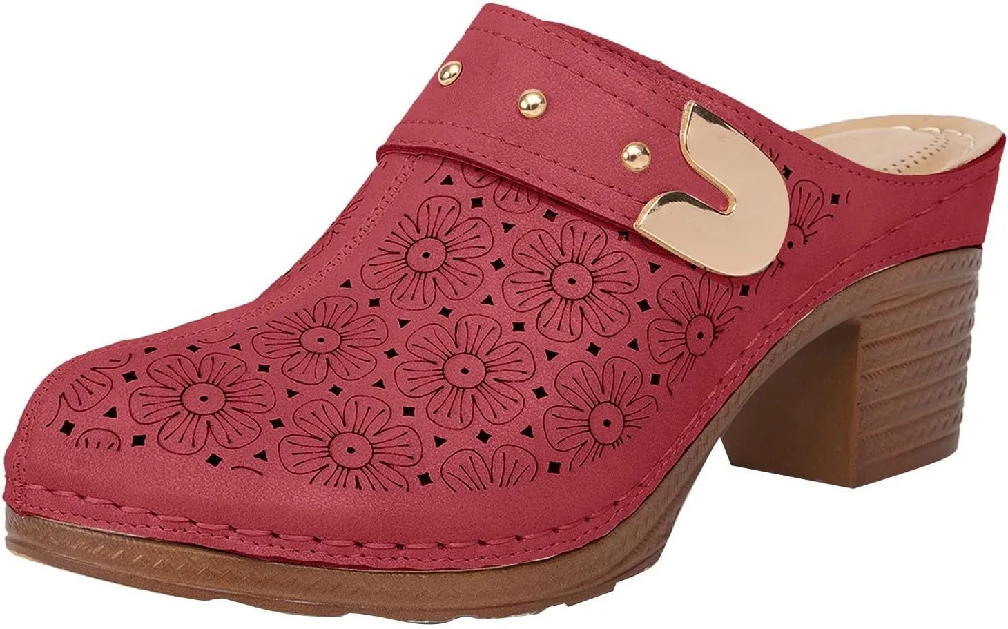 Women's Floral Cut Out Sandals,Closed Toe Chunky Heel Mules Fashionable Simple Comfortable Summer Stylish Footwear for Summer Vacation & Parties