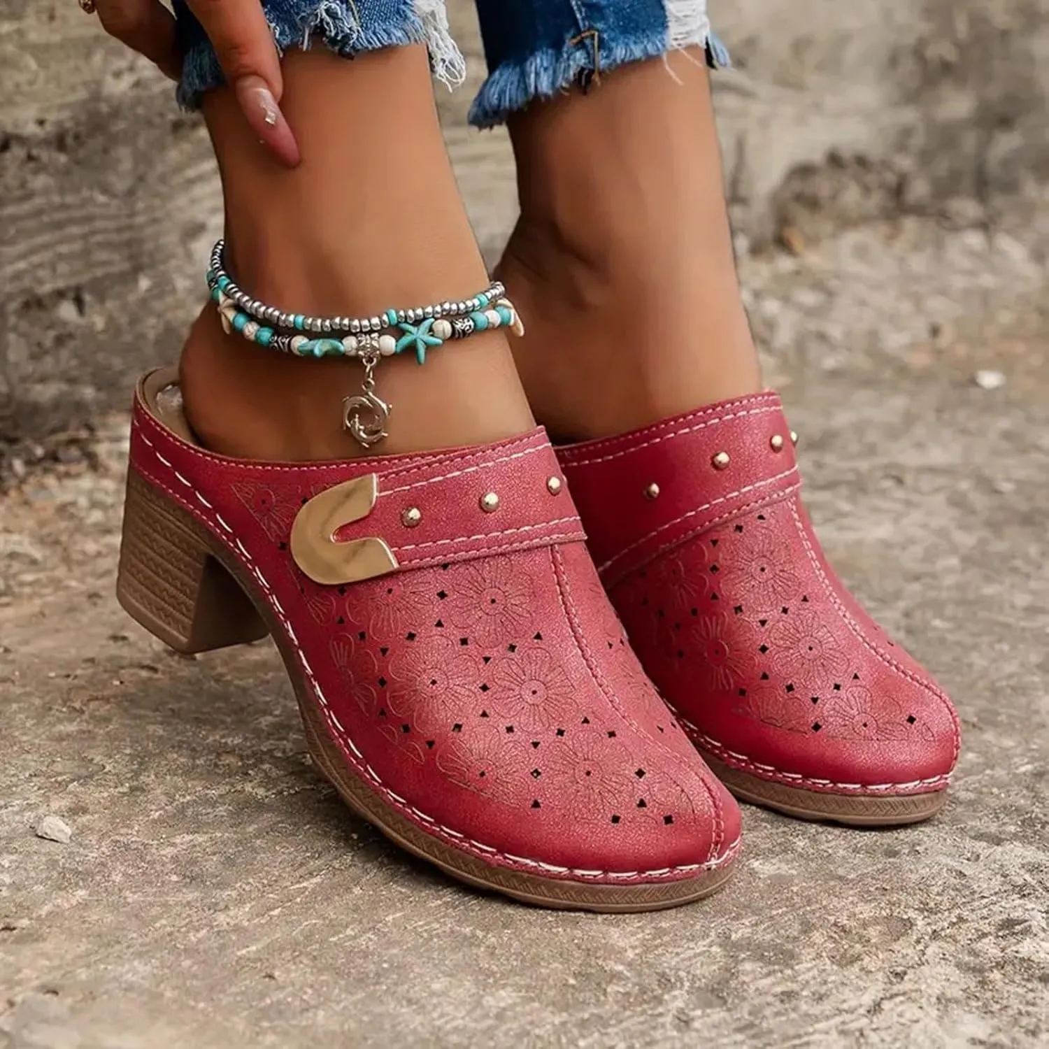 Women's Floral Cut Out Sandals,Closed Toe Chunky Heel Mules Fashionable Simple Comfortable Summer Stylish Footwear for Summer Vacation & Parties