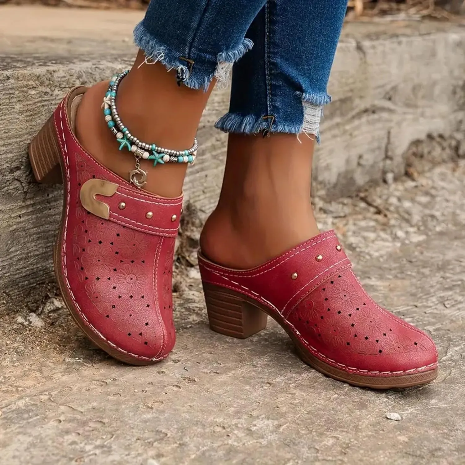 Women's Floral Cut Out Sandals,Closed Toe Chunky Heel Mules Fashionable Simple Comfortable Summer Stylish Footwear for Summer Vacation & Parties