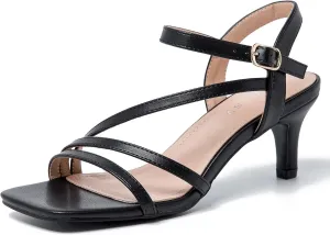 Women's Kitten Heels Strappy Square Open Toe Sandals Ankle Straps Slingback Party Dress Wedding Dance Shoes