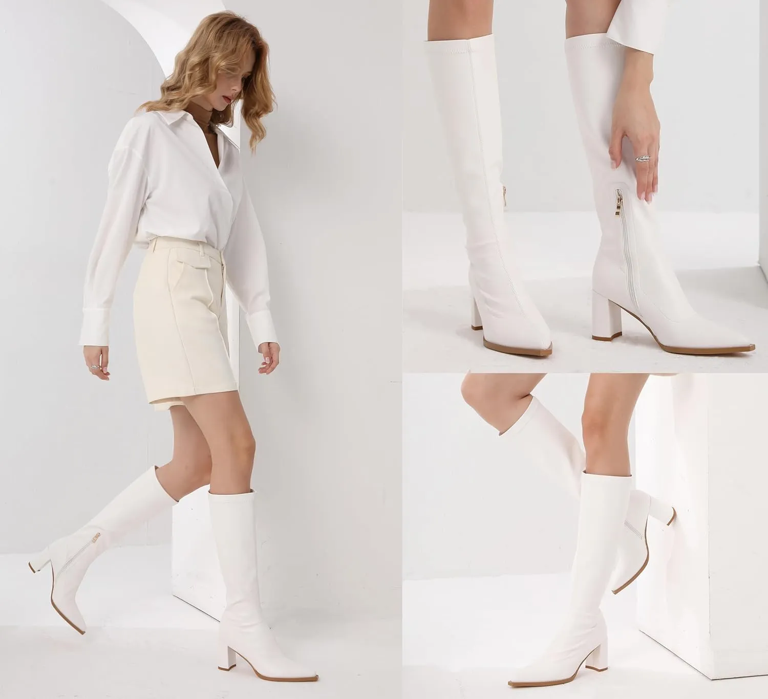 Women's Knee High Boots Block Heel Pointed Toe Side Zipper Stretchy PU Leather Party Sexy Dress Long Boots