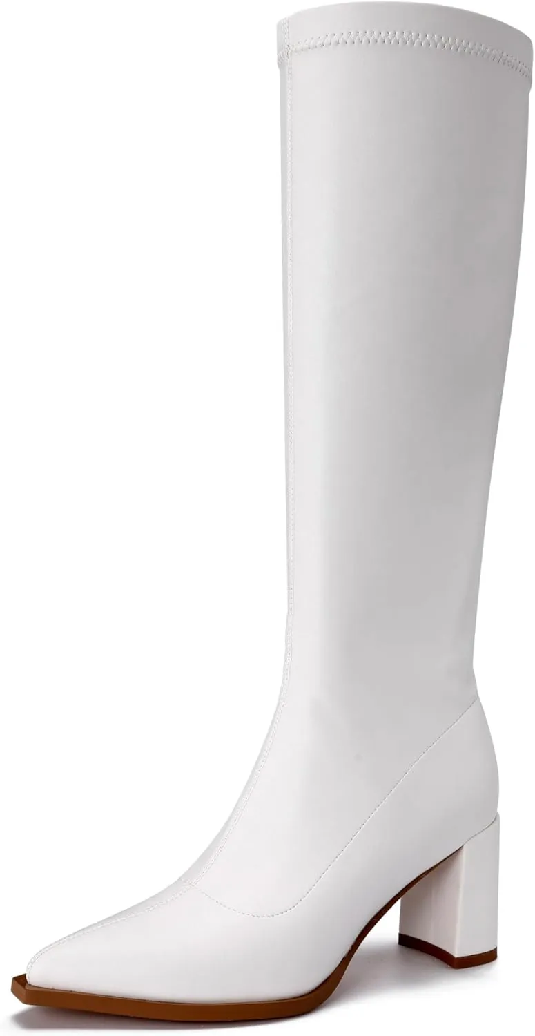 Women's Knee High Boots Block Heel Pointed Toe Side Zipper Stretchy PU Leather Party Sexy Dress Long Boots