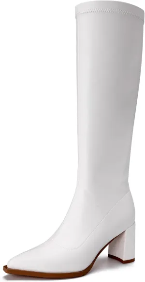 Women's Knee High Boots Block Heel Pointed Toe Side Zipper Stretchy PU Leather Party Sexy Dress Long Boots
