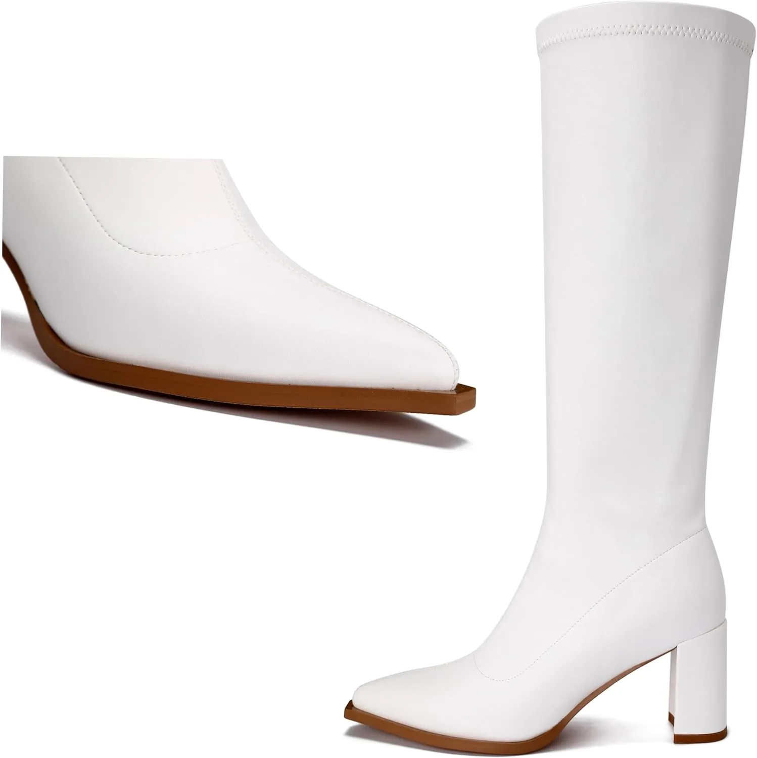 Women's Knee High Boots Block Heel Pointed Toe Side Zipper Stretchy PU Leather Party Sexy Dress Long Boots