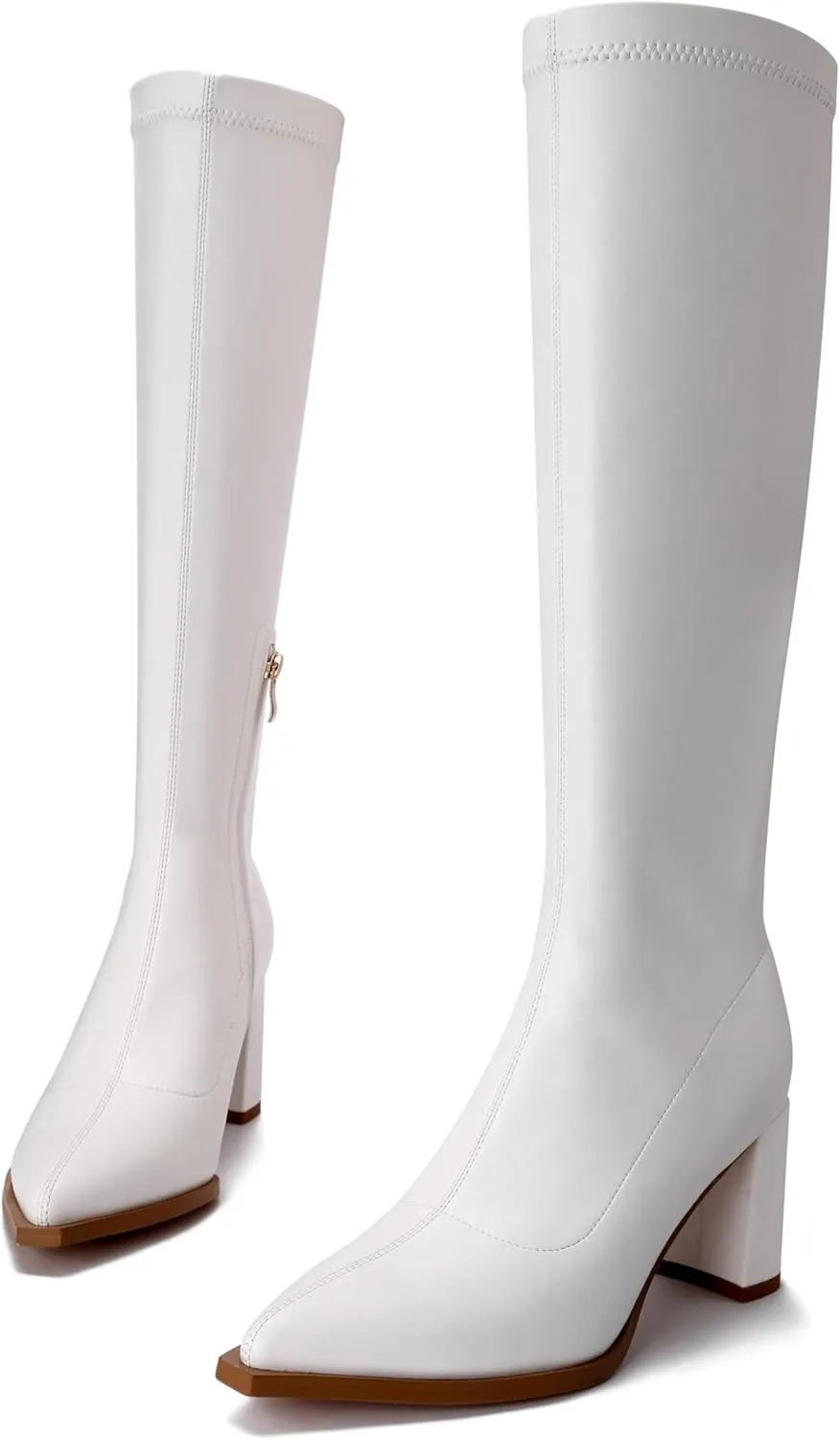 Women's Knee High Boots Block Heel Pointed Toe Side Zipper Stretchy PU Leather Party Sexy Dress Long Boots