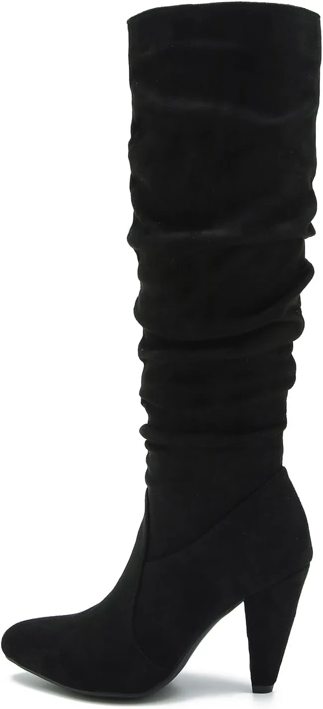 Women's Knee High Boots Pointed Toe Sexy Kitten Cone Heel Slouchy Boots Side Zipper Pleated Leather Tall Boots