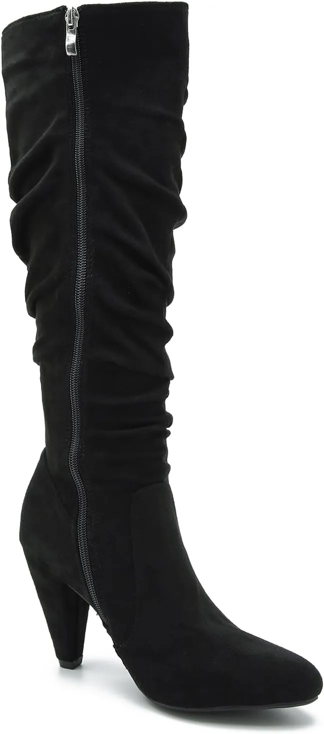 Women's Knee High Boots Pointed Toe Sexy Kitten Cone Heel Slouchy Boots Side Zipper Pleated Leather Tall Boots