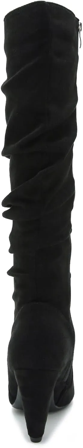 Women's Knee High Boots Pointed Toe Sexy Kitten Cone Heel Slouchy Boots Side Zipper Pleated Leather Tall Boots
