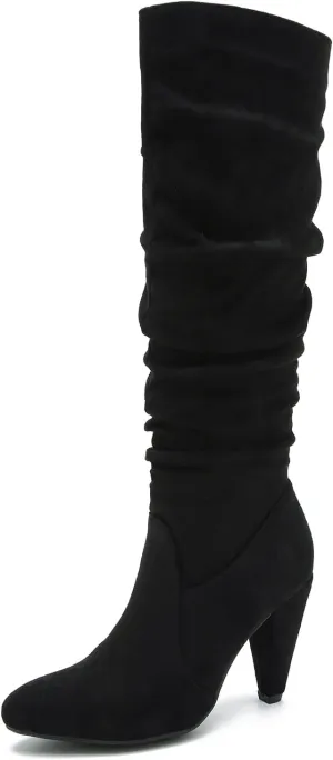 Women's Knee High Boots Pointed Toe Sexy Kitten Cone Heel Slouchy Boots Side Zipper Pleated Leather Tall Boots