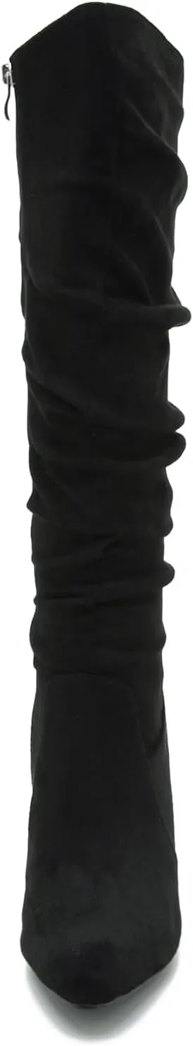 Women's Knee High Boots Pointed Toe Sexy Kitten Cone Heel Slouchy Boots Side Zipper Pleated Leather Tall Boots