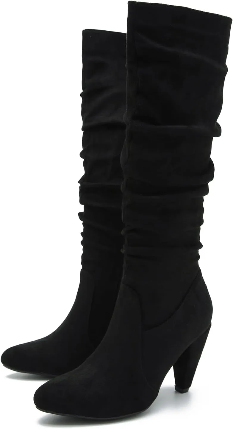 Women's Knee High Boots Pointed Toe Sexy Kitten Cone Heel Slouchy Boots Side Zipper Pleated Leather Tall Boots