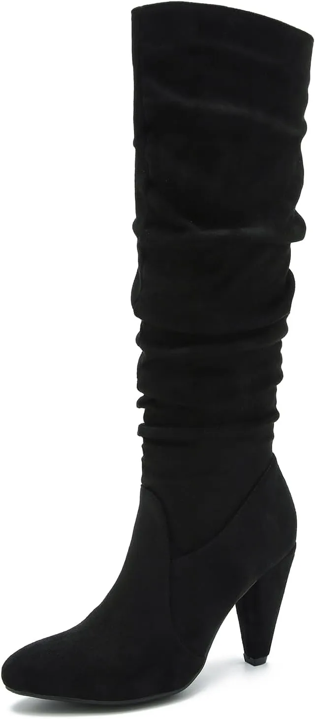 Women's Knee High Boots Pointed Toe Sexy Kitten Cone Heel Slouchy Boots Side Zipper Pleated Leather Tall Boots