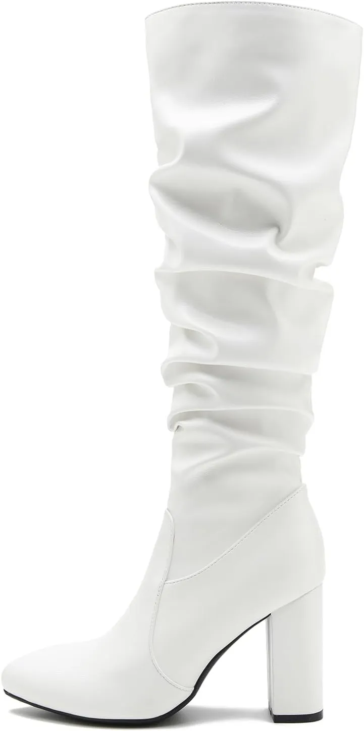 Women's Knee High Boots Sexy Pointed Toe Block Chunky High Heel Boots Side Zipper Pleated Leather Long Boots