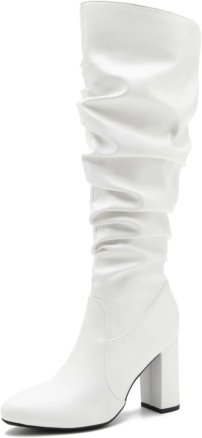 Women's Knee High Boots Sexy Pointed Toe Block Chunky High Heel Boots Side Zipper Pleated Leather Long Boots