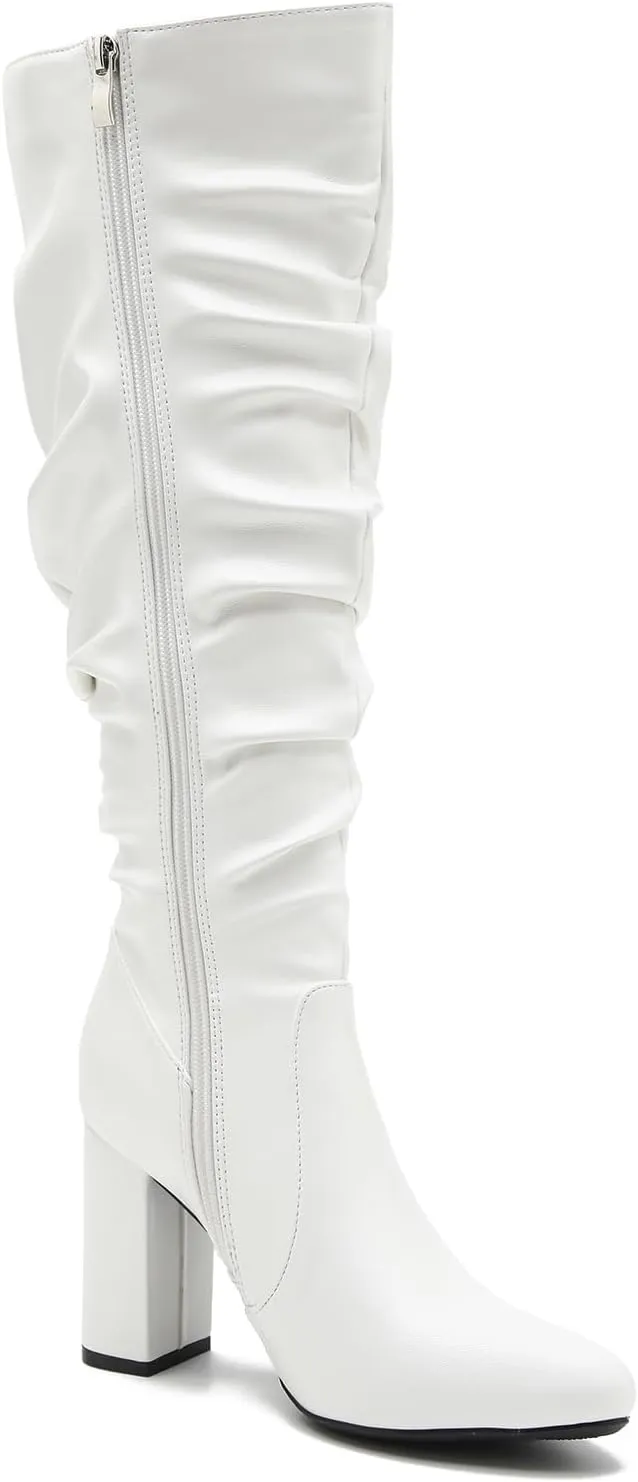 Women's Knee High Boots Sexy Pointed Toe Block Chunky High Heel Boots Side Zipper Pleated Leather Long Boots