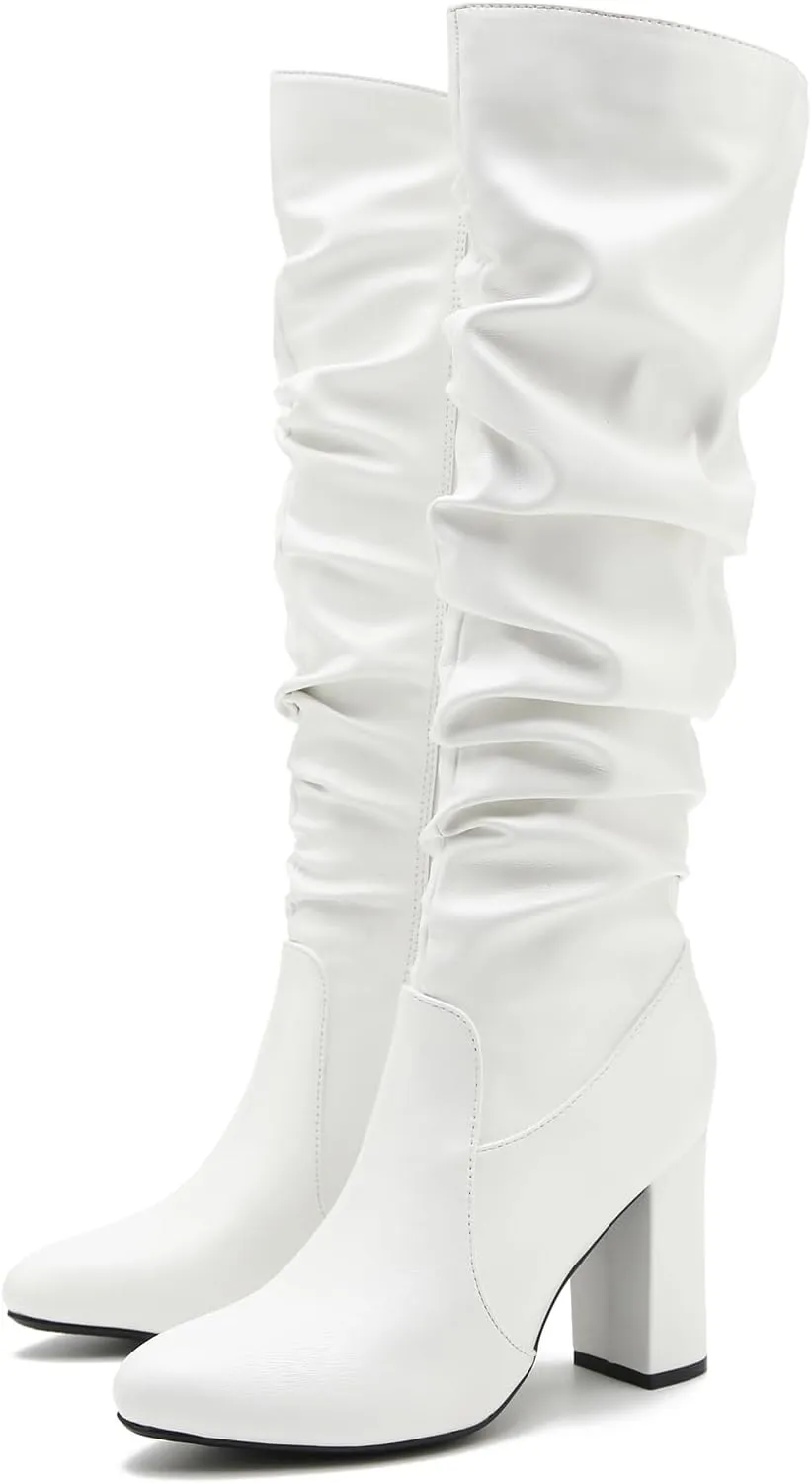 Women's Knee High Boots Sexy Pointed Toe Block Chunky High Heel Boots Side Zipper Pleated Leather Long Boots