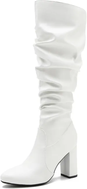 Women's Knee High Boots Sexy Pointed Toe Block Chunky High Heel Boots Side Zipper Pleated Leather Long Boots