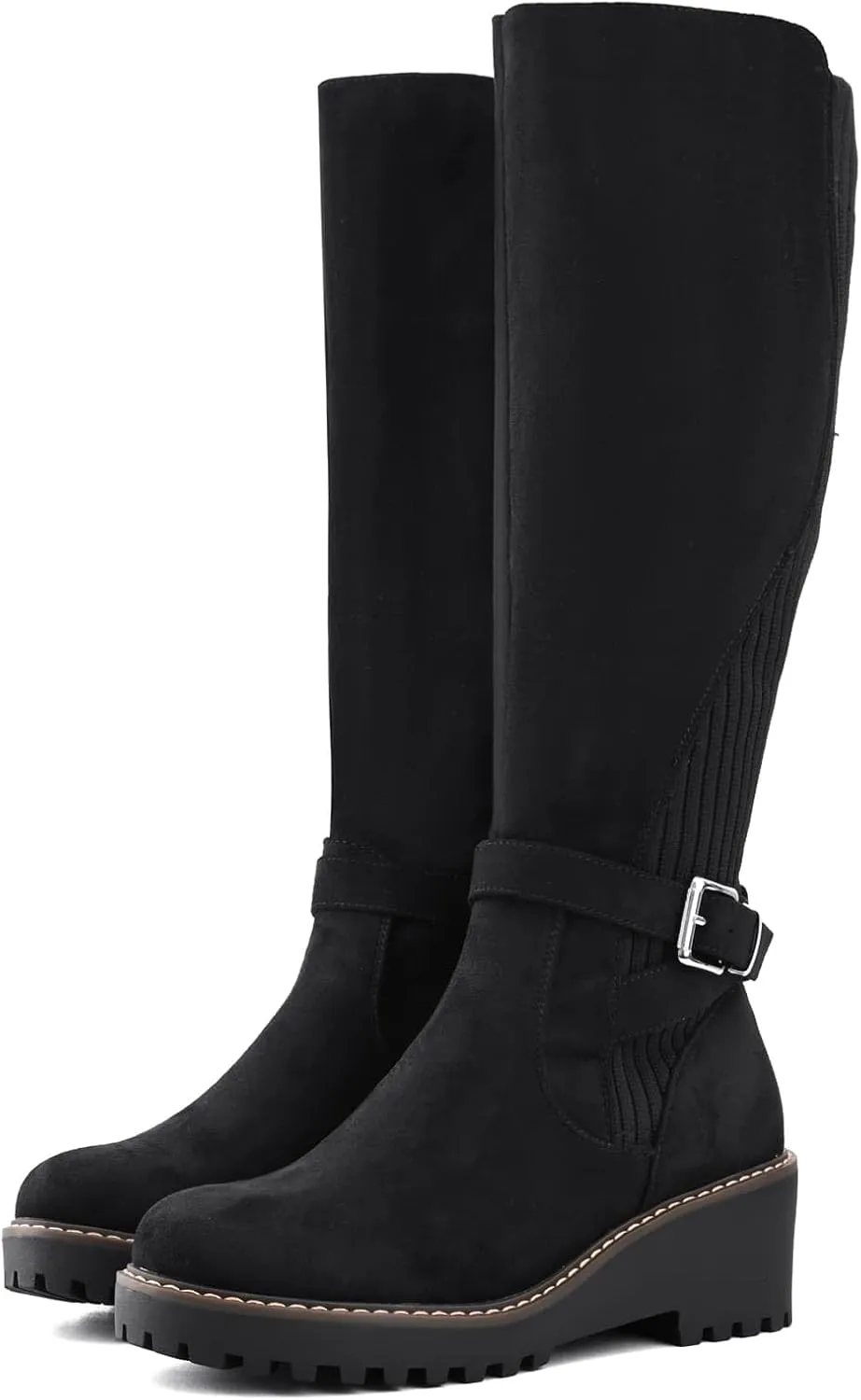 Women's Knee High Boots Tall Fall Wedges Round Toe Comfortable Size Zip with Fashion Buckles Platform Shoes for Women
