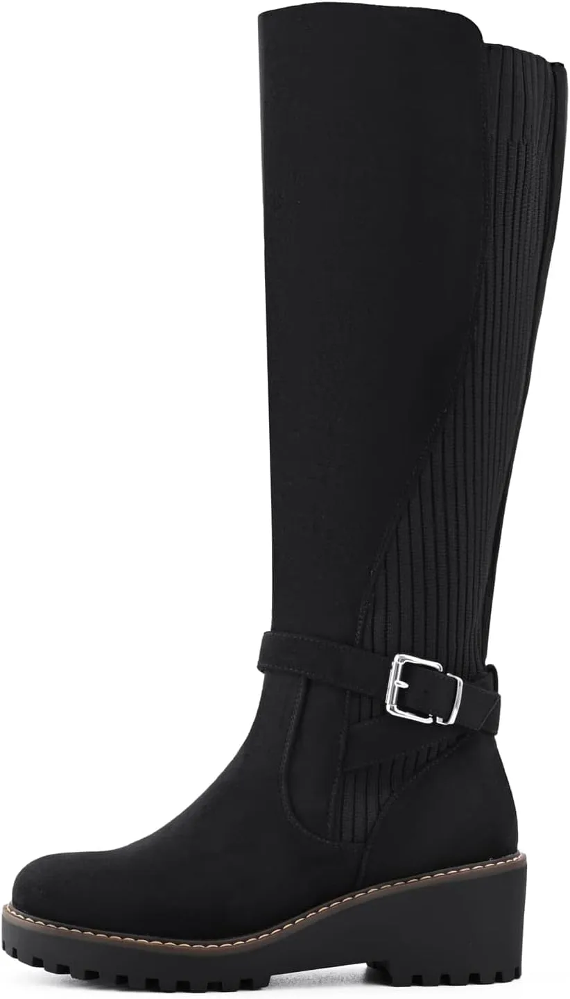 Women's Knee High Boots Tall Fall Wedges Round Toe Comfortable Size Zip with Fashion Buckles Platform Shoes for Women