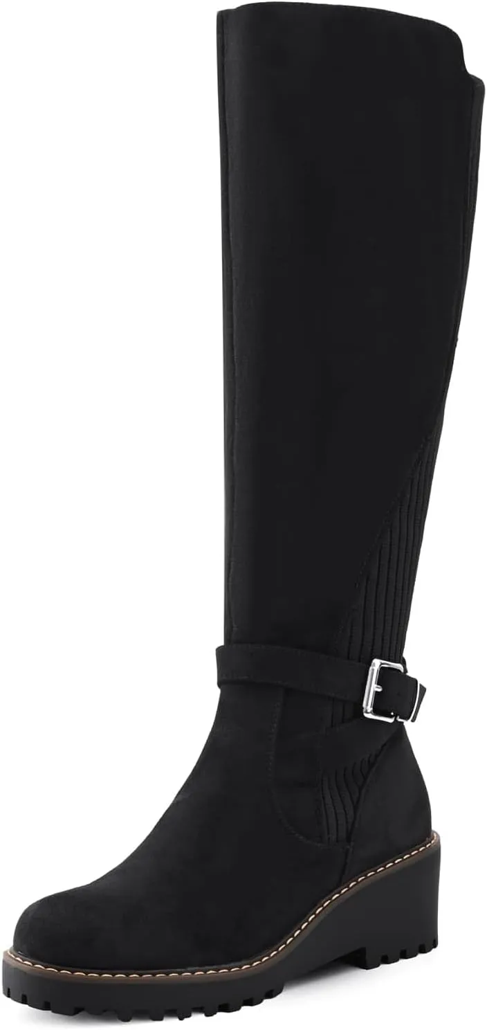 Women's Knee High Boots Tall Fall Wedges Round Toe Comfortable Size Zip with Fashion Buckles Platform Shoes for Women