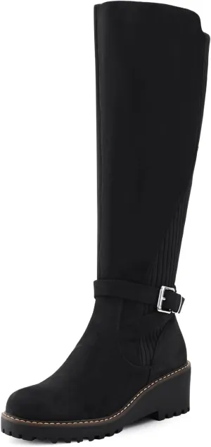 Women's Knee High Boots Tall Fall Wedges Round Toe Comfortable Size Zip with Fashion Buckles Platform Shoes for Women