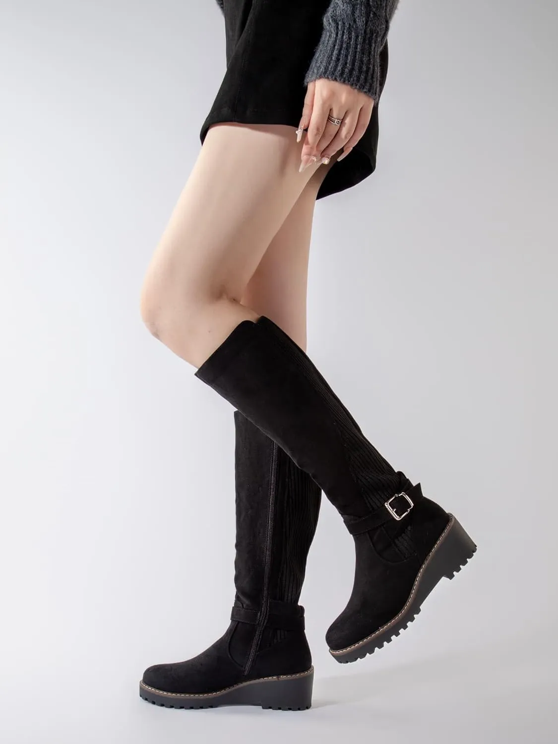 Women's Knee High Boots Tall Fall Wedges Round Toe Comfortable Size Zip with Fashion Buckles Platform Shoes for Women