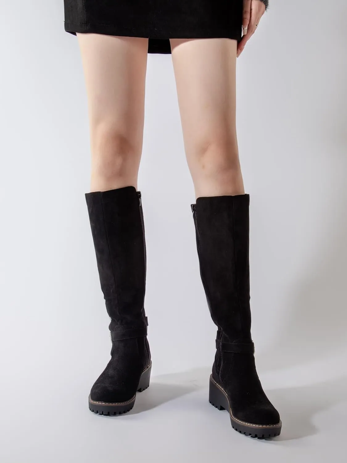 Women's Knee High Boots Tall Fall Wedges Round Toe Comfortable Size Zip with Fashion Buckles Platform Shoes for Women