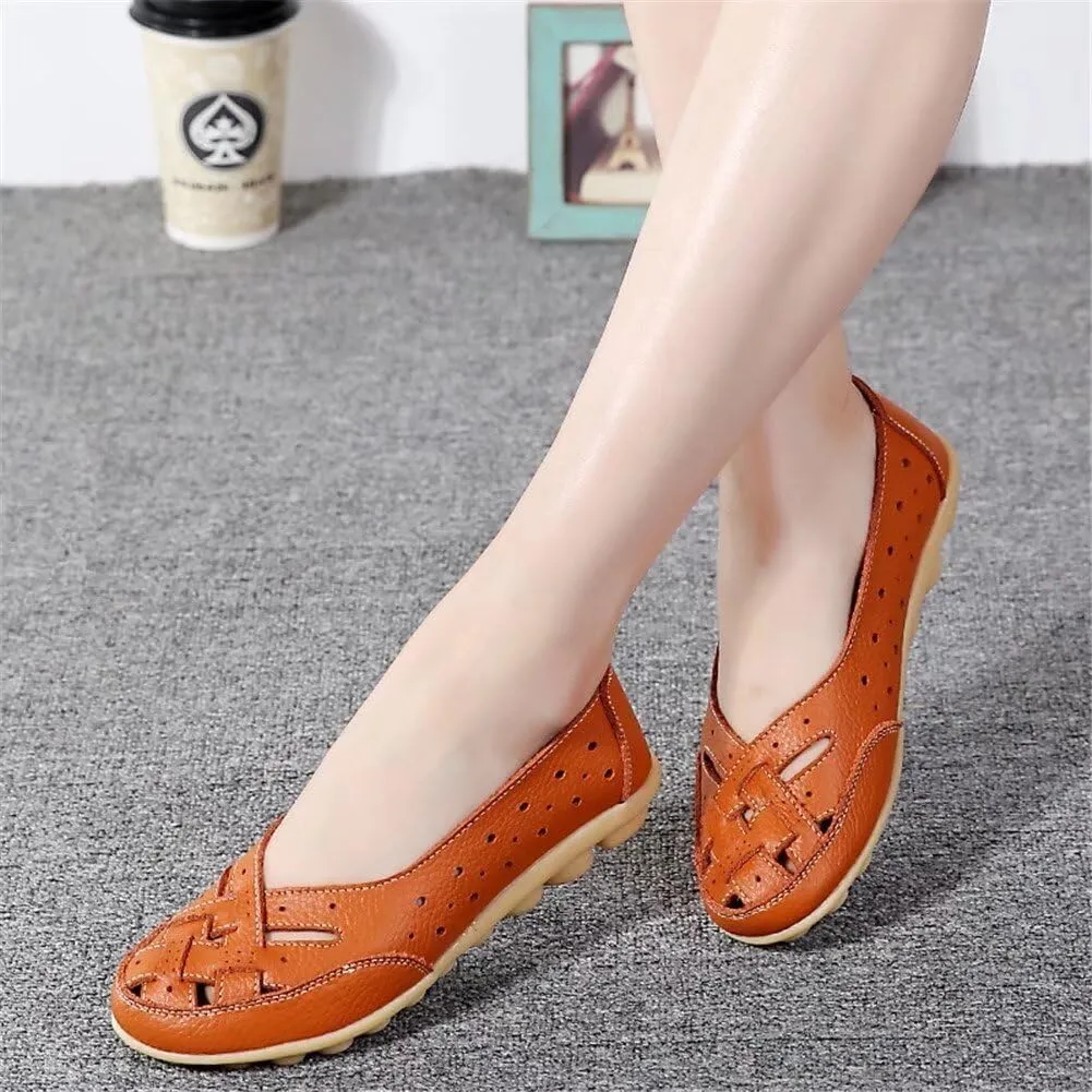 Women's Leather Driving Shoes Slipper Loafers Flats Slip-On Cutout Sandals