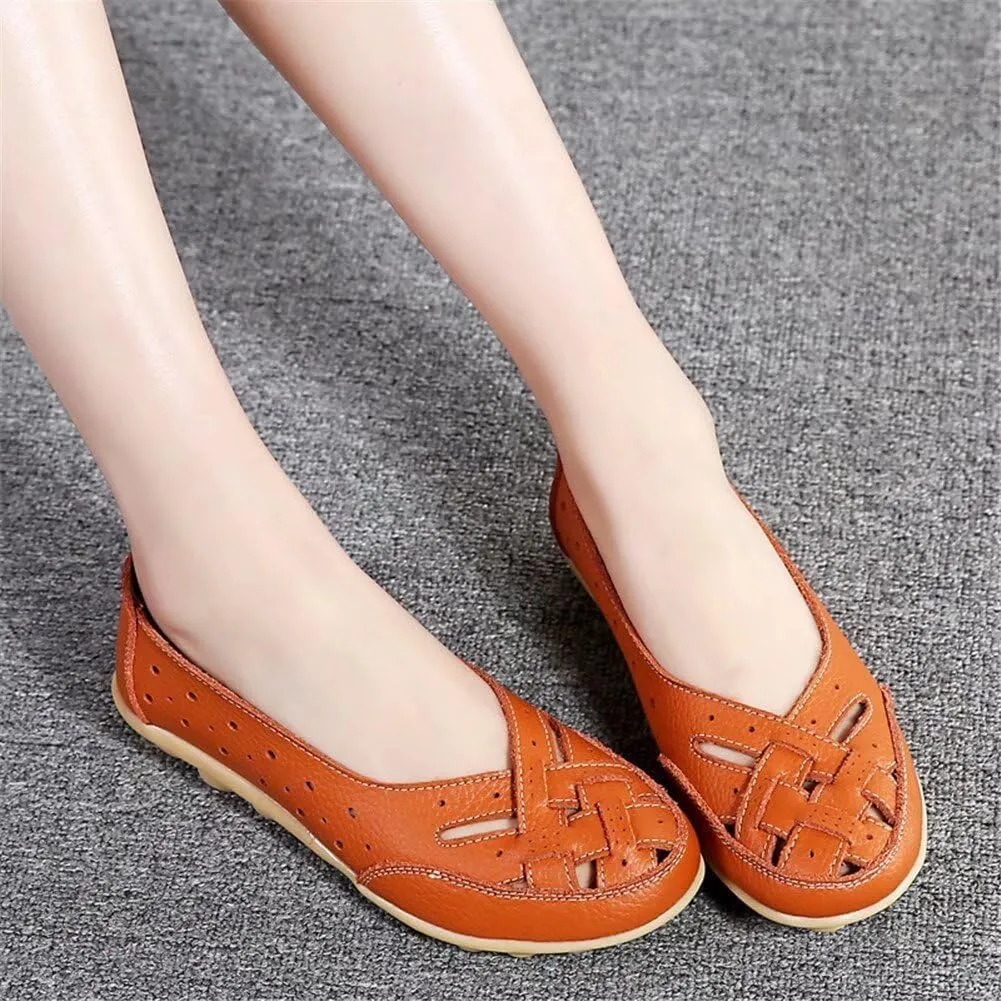 Women's Leather Driving Shoes Slipper Loafers Flats Slip-On Cutout Sandals