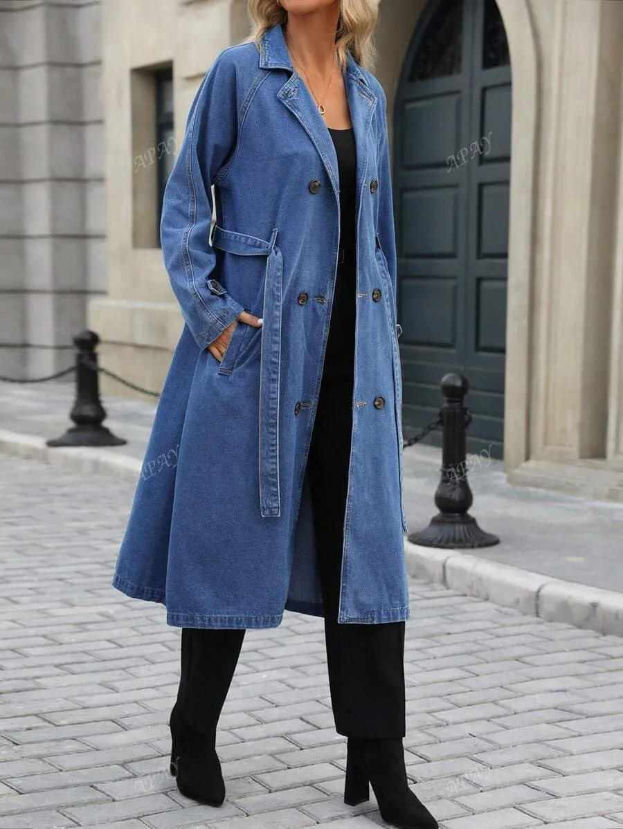 Womens Long Denim Jacket Plus Size Lapel Collar Long Sleeve Trench Coat Button Down Over Knee Tunic Outerwear