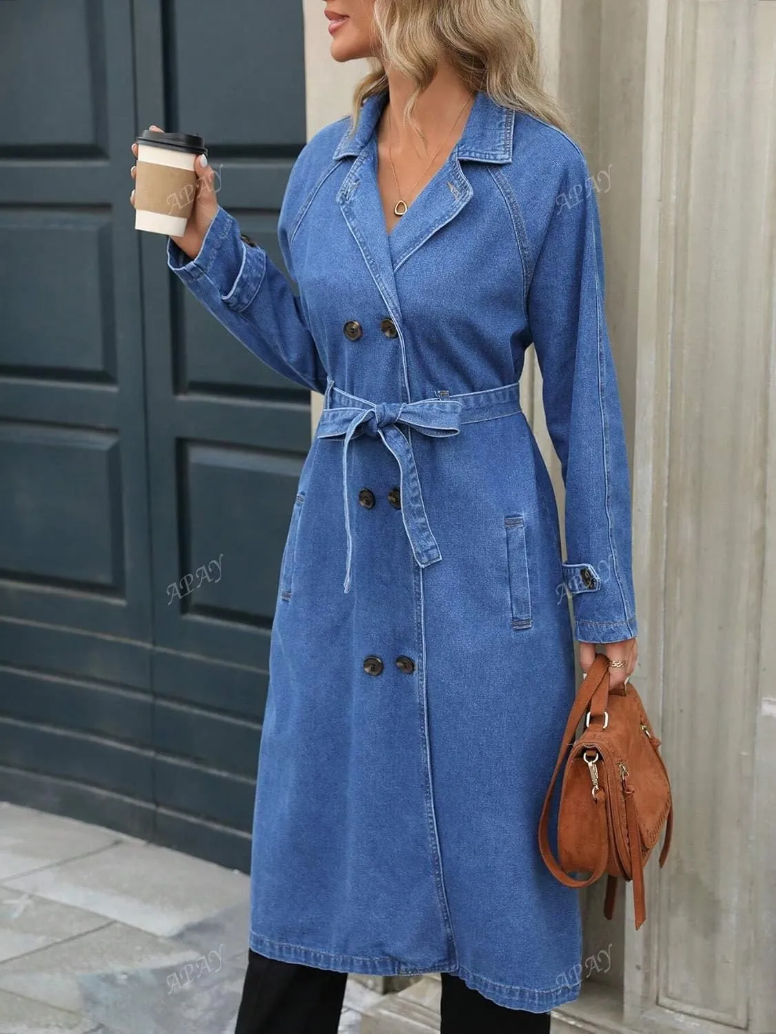 Womens Long Denim Jacket Plus Size Lapel Collar Long Sleeve Trench Coat Button Down Over Knee Tunic Outerwear