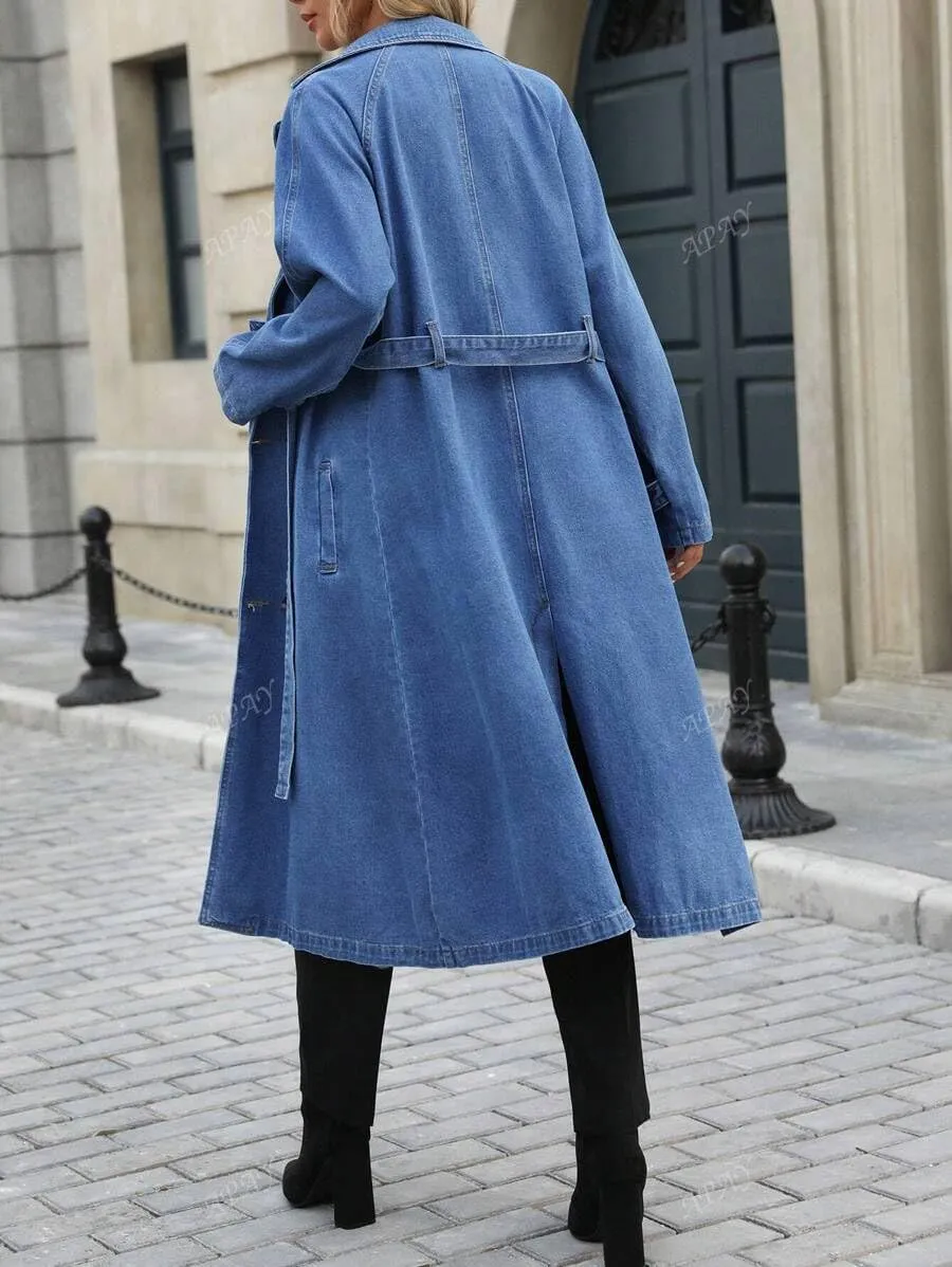 Womens Long Denim Jacket Plus Size Lapel Collar Long Sleeve Trench Coat Button Down Over Knee Tunic Outerwear