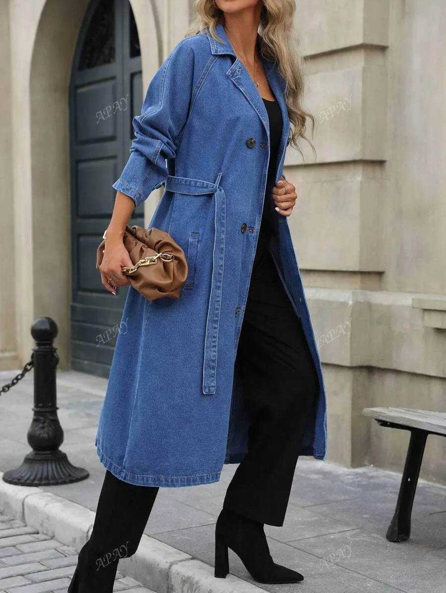 Womens Long Denim Jacket Plus Size Lapel Collar Long Sleeve Trench Coat Button Down Over Knee Tunic Outerwear