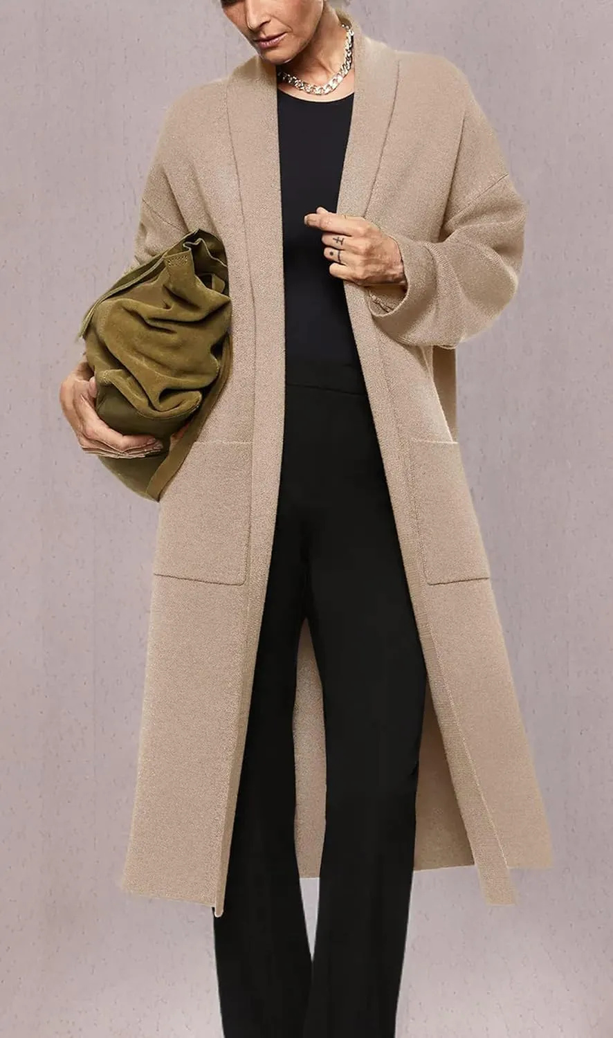 Womens Long Sleeve Maxi Cardigan Open Front Oversized Knitted Sweater Coat Casual Lapel Warm Overcoat with Pockets