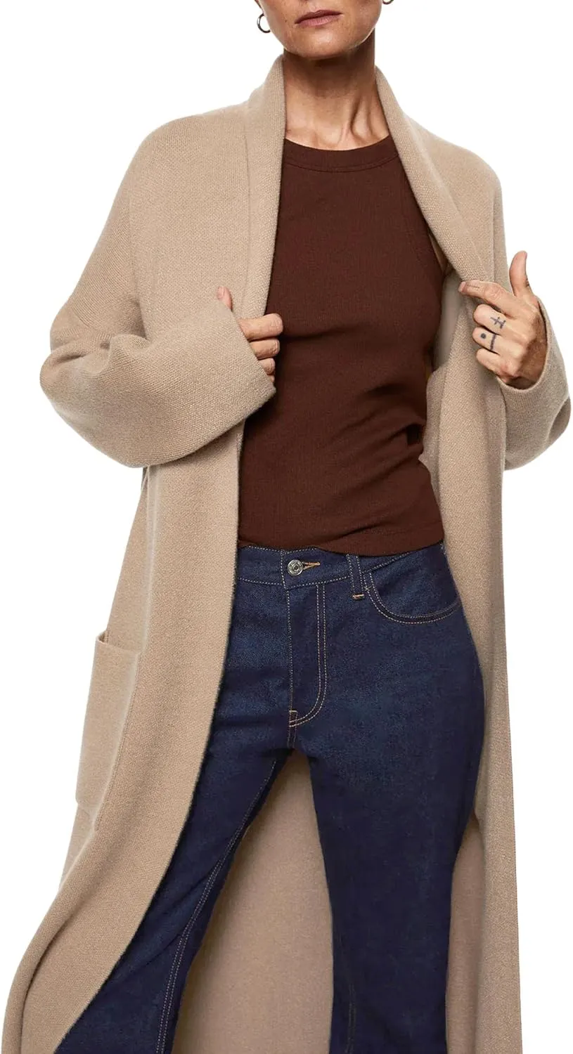 Womens Long Sleeve Maxi Cardigan Open Front Oversized Knitted Sweater Coat Casual Lapel Warm Overcoat with Pockets