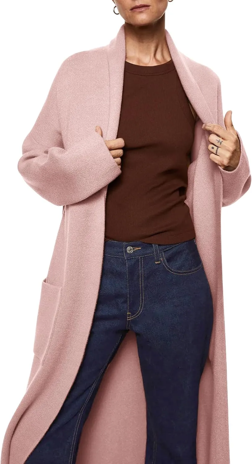 Womens Long Sleeve Maxi Cardigan Open Front Oversized Knitted Sweater Coat Casual Lapel Warm Overcoat with Pockets