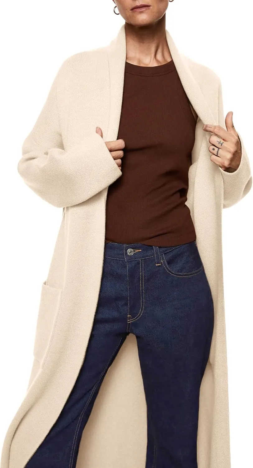Womens Long Sleeve Maxi Cardigan Open Front Oversized Knitted Sweater Coat Casual Lapel Warm Overcoat with Pockets